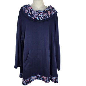 Catherines Sweatshirt Tunic Plus 1X 18/20W Blue Floral Cowl Neck Pullover Pocket